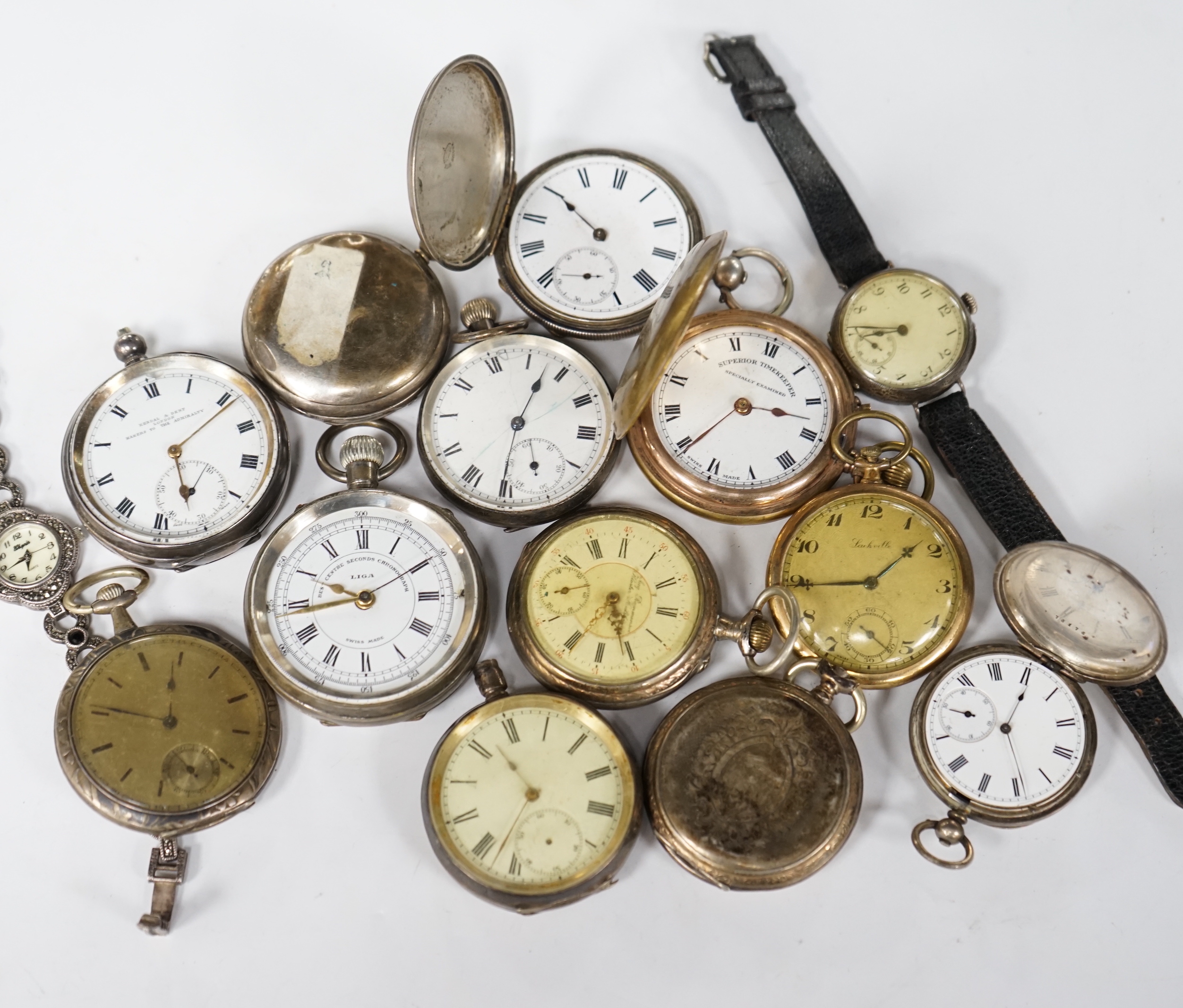 A lady's marcasite set wrist watch, a 935 standard wrist watch and a small quantity of assorted pocket watches, including 900 standard and niello white metal, three silver pocket watches including Kendall & Dent and a Li